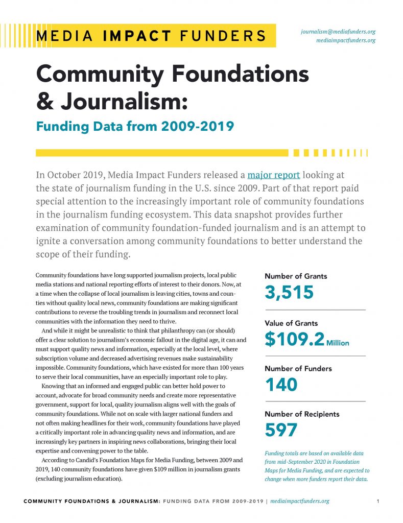 Community Foundations & Journalism: Funding Data from 2009-2019